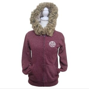 Vtg Y2K Abercrombie Fitch Hoodie S Faux Fur Hood Sherpa Lined Burgundy Red Zip